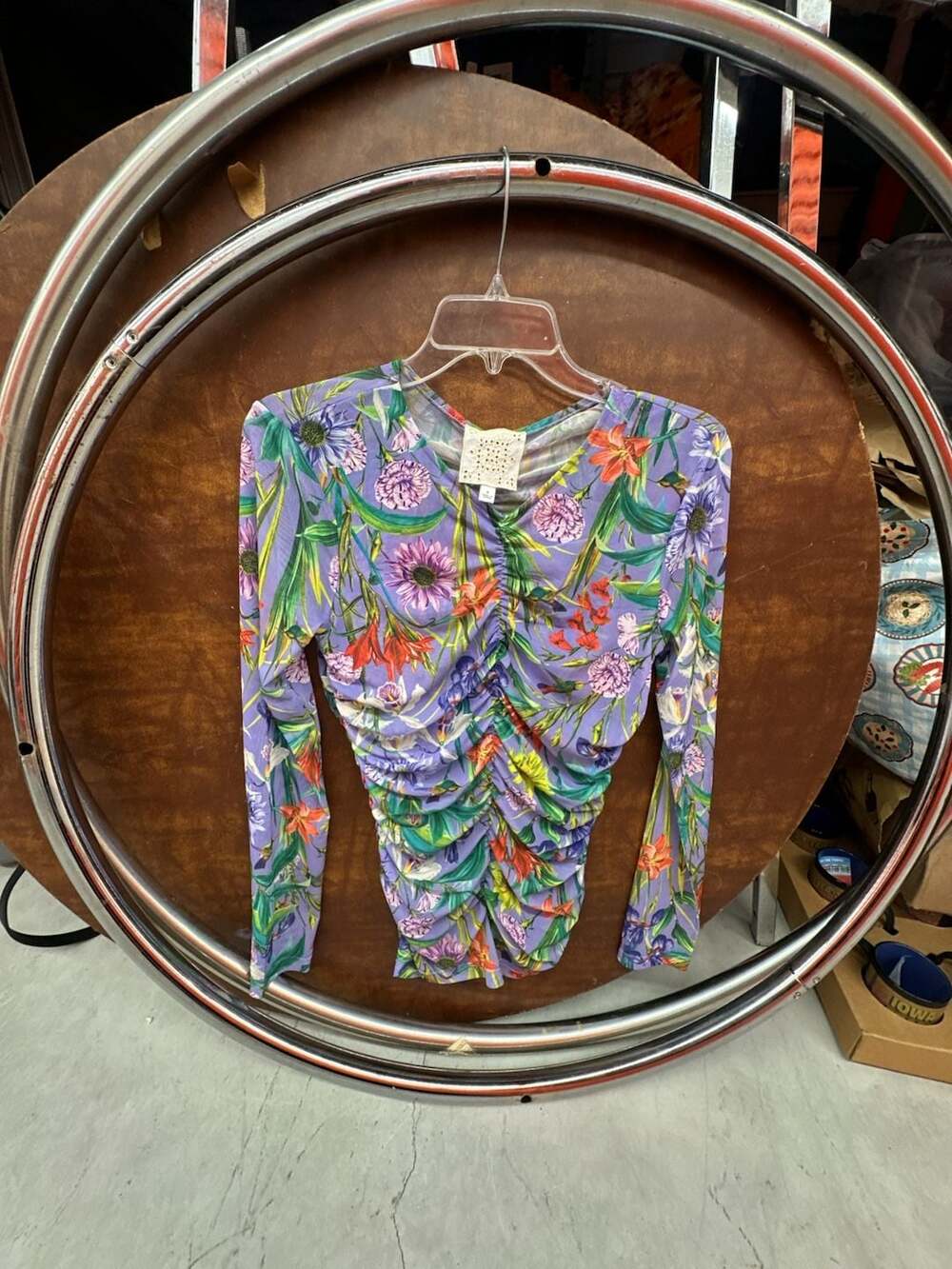 Johnny Was Floral Mesh Ruched Long Sleeve Top